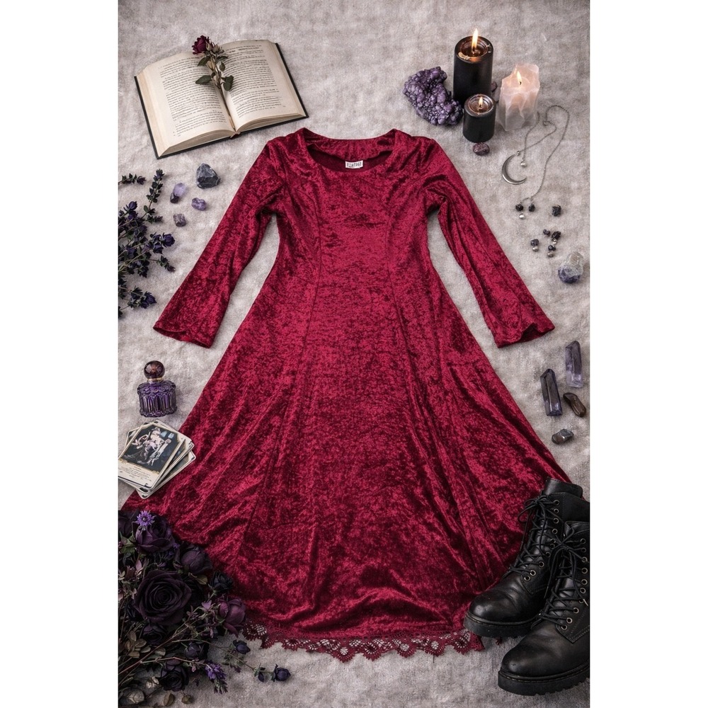 Rampage Midi Dress Wms 10 Burgundy Crushed Velvet Lace Trim 90s‎ Goth Whimsigoth